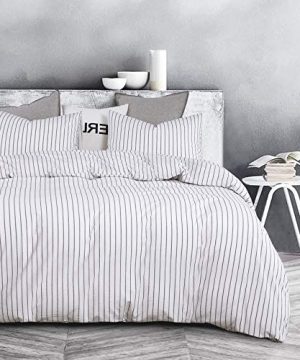 Wake In Cloud White Striped Duvet Cover Set 100 Washed Cotton Bedding Black Vertical Ticking Stripes Pattern Printed On White With Zipper Closure 3pcs King Size 0 0 300x360