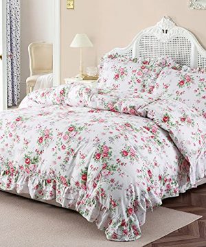 ZJZC Art Ruffle Duvet Cover Set Queen 100 Cotton Rose Floral Duvet Cover Farmhouse Vintage Shabby And Chic 3 Pieces With Pillow Shams Rose Queen 0 300x360
