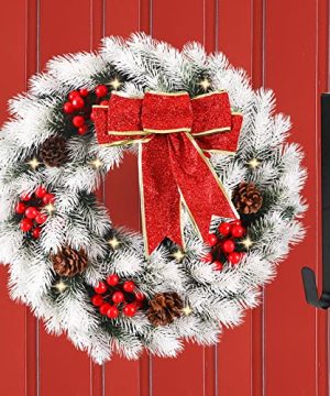 16 Inch Christmas Wreath With 40 LED Lights Winter Prelit Christmas Wreath With Metal Hanger Pine Cones Red Bow Christmas Decorations Wreath For Front Door Outdoor Window Indoor 0 300x360