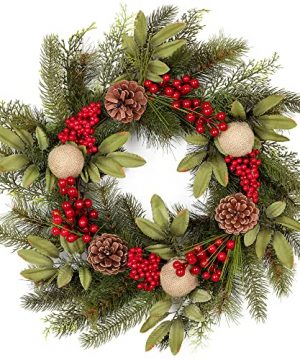 20 Inch Christmas Wreath With Variant Red Berry Evergreen Leaf Handcrafted Christmas Decor For Front Door Boxwood Frame Ideal Winter Decorations For Indoor Outdoor Use Without Light 0 300x360