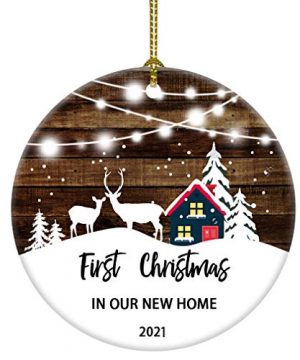 2021 First Christmas In Our Home Christmas Tree House Snow Deer Ornament Gift For Newlywed Couple 2021 3inch New Home 0 300x360