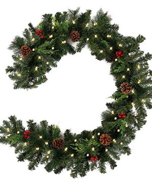 6Ft Christmas Garland Decorations Red Berry Pine Cone Garland Reusable Fir Pine Wreath Eco Friendly PVC Material Easy To Install For Xma Tree Fireplace Decorations 30 LEDs 0 300x360