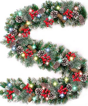 9 Ft 100LED Prelit Artificial Christmas Garland Lights Timer 8 Modes Battery Operated Snowy Bristle Pinecone Berry Xmas Garland Christmas Decoration Mantle Fireplace Indoor Outdoor Home 0 300x360