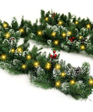 9Ft Pre Lit Christmas Garland Artificial Holiday PE Mixed Garland With Battery Operated 50 LED Lights Xmas Decoration Flocked Garland With Pine Cones And Timer For Walls Stairs Fireplaces 0 300x360