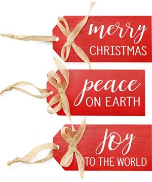 AuldHome Rustic Wood Tag Ornaments Set Of 3 Red Large Farmhouse Style Christmas Decorations For Large Christmas Trees Wreaths And More Merry Christmas Peace On Earth And Joy To The World 0 300x360