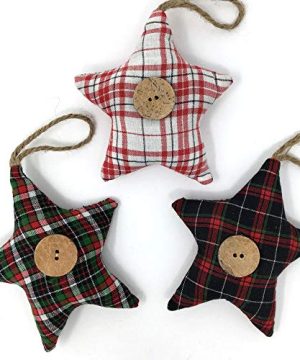 Christmas Tartan Plaid Homespun Fabric Star Farmhouse Ornaments Set Of 3 0 300x360