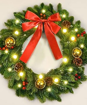 Christmas Wreath With Lights HEYFOND 20 Inch Christmas WreathsChristmas Wreath For Front Door Xmas Wreath For Holiday Christmas Party Decorations 0 300x360