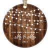 DIGIBUDDHA 2021 First Christmas As Mr Mrs Ornament Rustic 1st Year Married Newlyweds 3 Flat Circle Porcelain Ceramic Ornament W Glossy Glaze Gold Ribbon Gift Box OR003002 Delfino 0 100x100