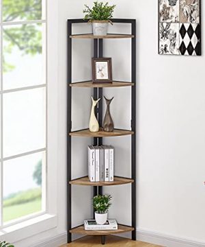 FATORRI Industrial Corner Bookshelf 5 Tier Tall Corner Bookcase Wood And Metal Corner Shelf Stand Rustic Oak 0 300x360