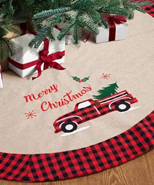 GMOEGEFT Christmas Tree Skirt Burlap With Buffalo Check Trim Rustic Truck And Tree Applique Xmas Home Decoration Ornaments 48 Inches 0 300x360