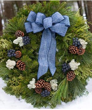 HARBOR FARM EST1986 Fresh Real Blueberry Christmas Wreath For Front Door Lasts Through The Holiday Season Makes A Great Gift Arrives In Red Gift Box Blue Bow Fabric 0 300x360