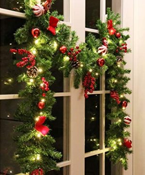 Hanizi 9 FT Christmas Garland Battery Operated 8 Lighting Modes Lighted Christmas Garland With 50 Leds Pine Cones Red Berries 0 300x360