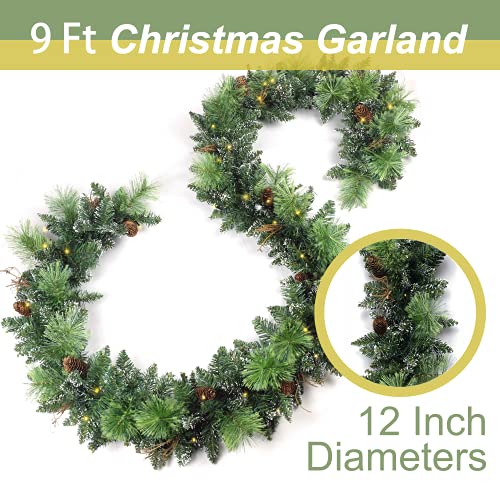 HomeKaren Christmas Garland Prelit 9 Ft Battery Operated With 50 Led Lights Pine Cone And Snow Style Xmas Garland Christmas Decor Indoor Outdoor 0 3