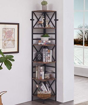 Homissue 6 Tier Industrial Corner Shelf Unit Tall Bookcase Storage Display Rack For Home Office Rustic Brown 0 300x360