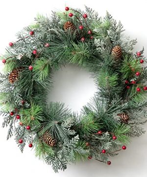LOHASBEE Artificial Christmas Wreath 20 Pine Cone Grapevine Flocked Glitter Greenery Wreath With Red Berries For Front Door Winter Christmas Home Hanging Wall Window Party Decor 0 300x360