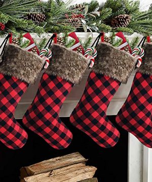Meriwoods Chirstmas Stockings 4 Pack 18 Inch Large Buffalo Plaid Xmas Stockings With Faux Fur Cuff And Pom Poms Country Rustic Holiday Indoor Decorations For Family 0 300x360