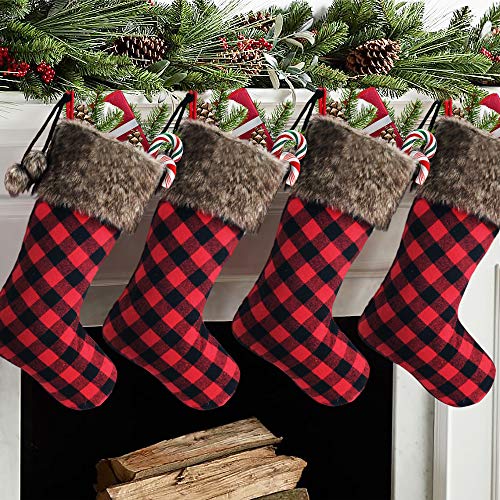 Meriwoods Chirstmas Stockings 4 Pack 18 Inch Large Buffalo Plaid Xmas Stockings With Faux Fur Cuff And Pom Poms Country Rustic Holiday Indoor Decorations For Family 0