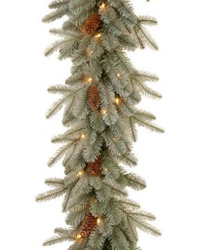 National Tree Company Feel Real Pre Lit Artificial Christmas Garland Flocked With Pine Cones And White Lights 9 Ft Frosted Artic Spruce 0 300x360