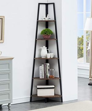 OK FURNITURE 5 Shelf Corner Etagere Bookcase For Small Space Industrial Tall Corner Bookshelf Gray Brown Finish 0 300x360
