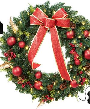 OasisCraft 24 Christmas Wreath Spruce Red Wreath Front Door With Pine Cones Berries 50 LED Lights 0 300x360