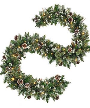 OasisCraft 9 FT Prelit Christmas Garland With Pine Cones Artificial Snowy Pine Garland For Christmas 50 LED Battery Operated Warm Lights And Timer Xmas Garlands Decor Indoor Outdoor 0 300x360