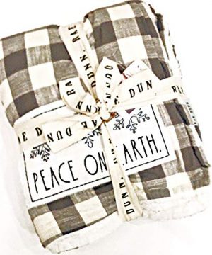 Rae Dunn Christmas Holiday Buffalo Plaid Sherpa Fleece Throw Blanket In Gray White Inscribed Peace ON Earth 50 X 60 0 300x360