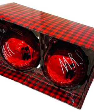 Rae Dunn Festive Red Christmas Ornaments Set Of 2 MR MRS With Red Black Plaid Ribbons Diameter 35 0 300x360