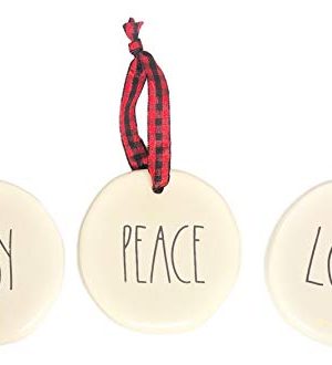 Rae Dunn Set Of 3 White Christmas Ornaments Joy Peace Love In Black Letters Ceramic Holiday Ornaments For Christmas Tree With Red Plaid Hanging Ribbon 0 300x330