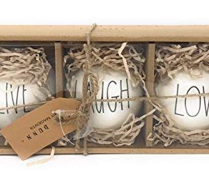 Rae Dunn By Magenta Set Of 3 Live Laugh Love Ceramic LL Black Letter Round Bulb Christmas Tree Ornaments 0 300x270