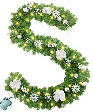 Rocinha Prelit Christmas Garland With 50 Warm Lights 9 Feet Battery Powered Xmas Garland With Ball Ornaments Snowflakes Christmas Garland Decorations For Indoor Outdoor Stair Fireplace 0 300x360