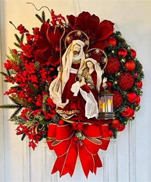 Sacred Christmas Wreath With Lights Lighted Artificial Christian Christmas Wreath 16 Inch Farmhouse Xmas Wreath With Festive Bow Berries Christmas Welcome Sign For Front Door 0 300x360
