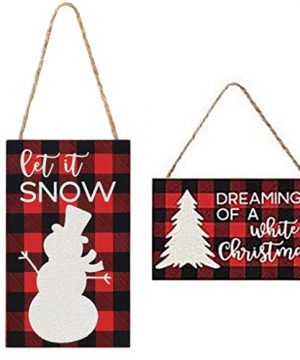 Set Of 2 Wood Buffalo Plaid Ornaments 5 X 3 Inch Let It Snow And Dreaming Of A White Christmas Farmhouse Christmas Ornies Made In USA 0 300x360