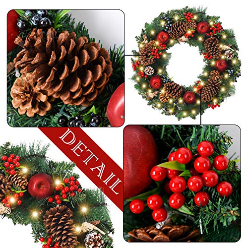 Battery Operated 30 LED Lights Wanna-CUL Pre-Lit 24 Inch Christmas Wreath for Front Door Red White Christmas Door Wreath Decoration with Ball Ornaments Candy Canes,Eucalyptus Leaves