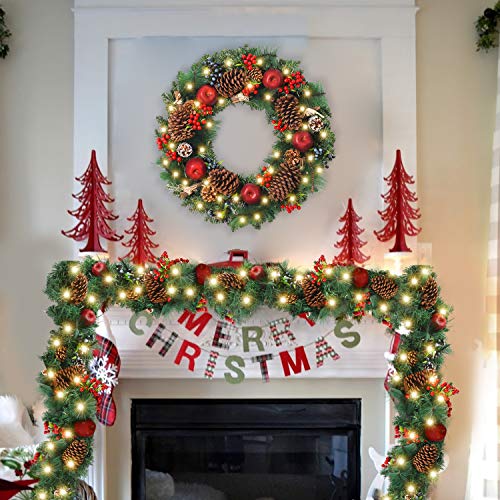 Battery Operated 30 LED Lights Wanna-CUL Pre-Lit 24 Inch Christmas Wreath for Front Door Red White Christmas Door Wreath Decoration with Ball Ornaments Candy Canes,Eucalyptus Leaves