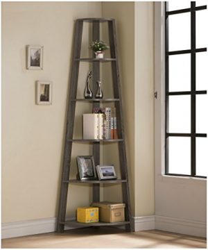 Weathered Grey Finish Wood Wall Corner 5 Tier Bookshelf Bookcase Accent Etagere 0 300x360