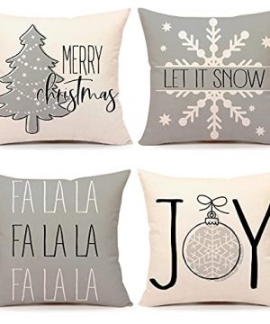 NIDITW Set of 4 Merry Christmas Deer Reindeer Let It Snow Snowflakes Balls Trees Birds House Candles Red Beige Burlap Decorative Square Pillowcase Pillow Case Cover for Sofa 18 Inch 