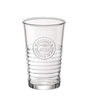 Bormioli Rocco Officina Water Glasses Set Of 4 Clear Drinking Tumblers With Textured Ring Design Vintage Stamp Logo 11oz High Capacity Tall Cups For Soda Juice Milk Coke Beer Spirits 0 300x360