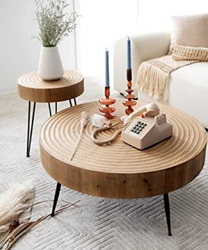 COZAYH 2 Piece Modern Farmhouse Living Room Coffee Table Set Round Natural Finish With Handcrafted Wood Ring Motif 0 300x360