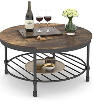 Gezen 2 Tier Round Coffee Table Industrial Coffee Table For Living Room Wooden Tabletop Rustic Steel Accent Table With Storage Open Shelf Metal Frame Retro Brown 0 300x360