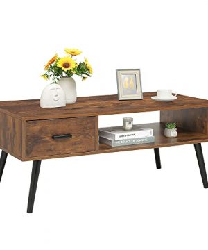 IWELL Mid Century Coffee Table With Drawer And Storage Shelf For Living Room Wood Cocktail Table Accent TV Table For Reception RoomOffice Easy To Assemble Rustic Brown 0 300x360