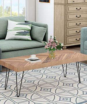 Modern Wood Coffee Table Nature Cocktail Table For Living Room Chevron Pattern Metal Hairpin Legs Nature Rustic Rectangular Table 0 300x360