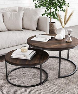 Nathan James Stella Round Modern Nesting Coffee Set Of 2 Stacking Living Room Accent Tables With An Industrial Wood Finish And Powder Coated Metal Frame Warm NutmegMatte Black 0 300x360