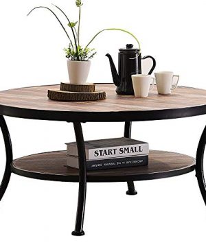 OK Furniture Rustic Round Coffee Table For Living Room Industrial Cocktail Table With Open Shelving Vintage Brown Finish1 Pcs 0 300x360