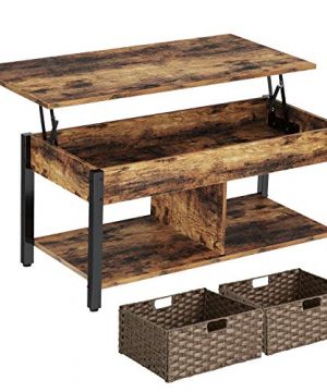 Rolanstar Lift Top Coffee Table With Storage And Rattan Baskets Rustic Wood Raisable Top Central Table For Living Room Hidden Compartment Shelf Tabletop And Metal Frame Rustic Brown 0 300x360