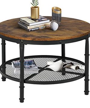STHOUYN Small Round Coffee Table With Storage Rustic Center Table For Living Room Wood Surface Top Metal Legs Open 2 Tier Shelf Save Space Brown 0 300x360