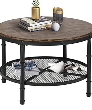 STHOUYN Small Round Coffee Table With Storage Rustic Center Table For Living Room Wood Surface Top Metal Legs Open 2 Tier Shelf Save Space Grey 0 300x360