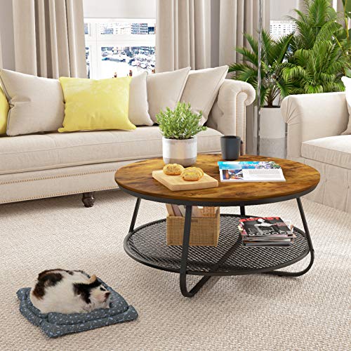 Teraves Industrial Coffee Table For Living RoomRound Coffee Table With Storage ShelfModern Coffee Table With Metal FrameEasy Assembly 0 1