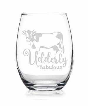 Udderly Fabulous Cow Stemless Wine Glass Cow Wine Glass Farmhouse Gift Fun Gift Gift For Friend 0 300x360