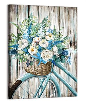 Bathroom Canvas Wall Decor Blue Retro Bike Wall Art Rural Style Flower Basket Artwork For Farmhouse Dining Room Kitchen Bedroom Office 12X16 0 300x360