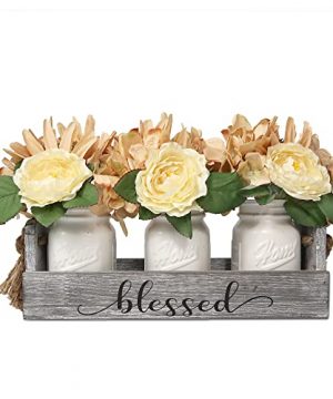 Besuerte Farmhouse Mason Jar Centerpieces Rustic Country Home Table Decor With 3 White Painted Mason JarsRose Bouquet Flowers For Dining RoomLiving RoomKitchenCoffee TableUtensils Holder 0 300x360